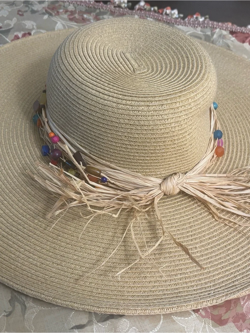 Beaded Raffia Wide-Brim Sun Hat in Tan